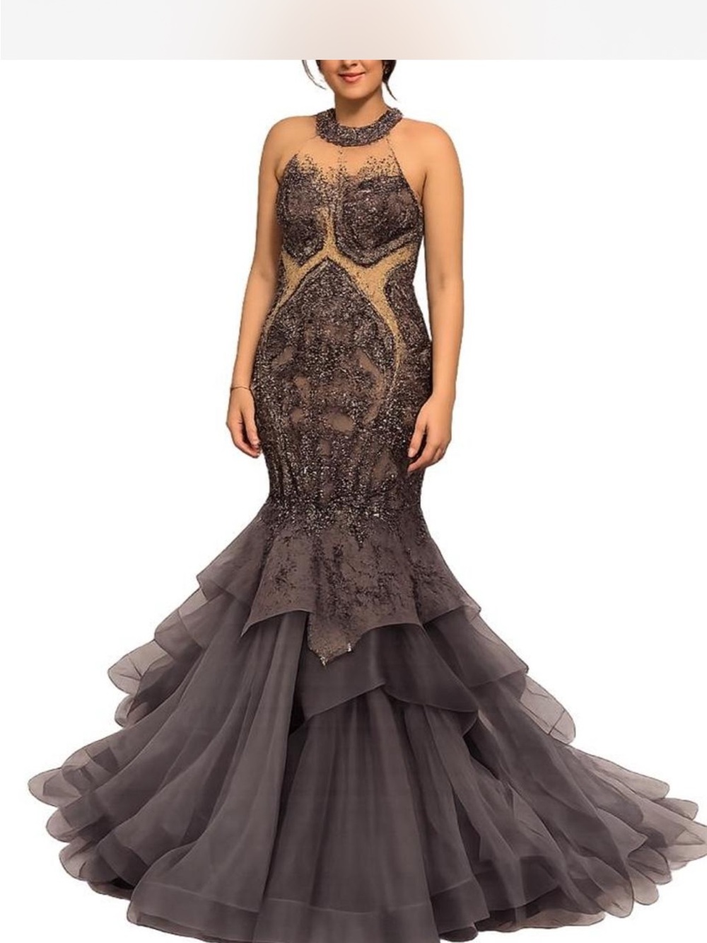 Jovani Charcoal Beaded Halter Mermaid Gown
